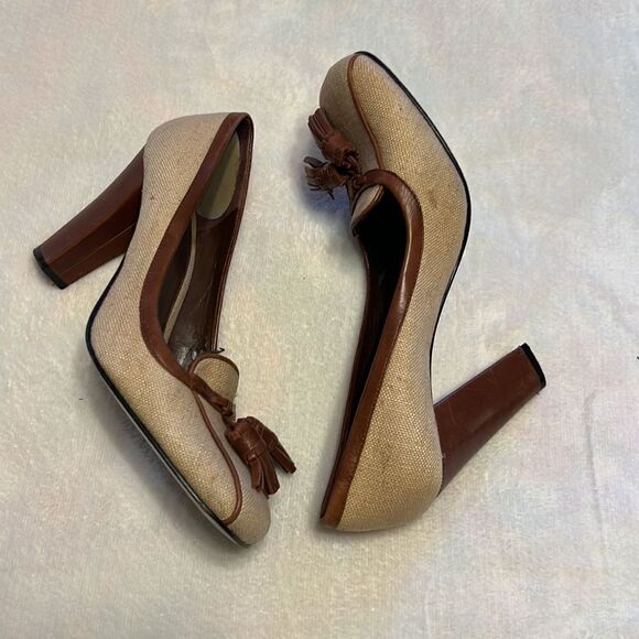 Enzo Angiolini Brown Fabric Tweed Heels Tassel Trim - Size 7.5 - Picture 13 of 14